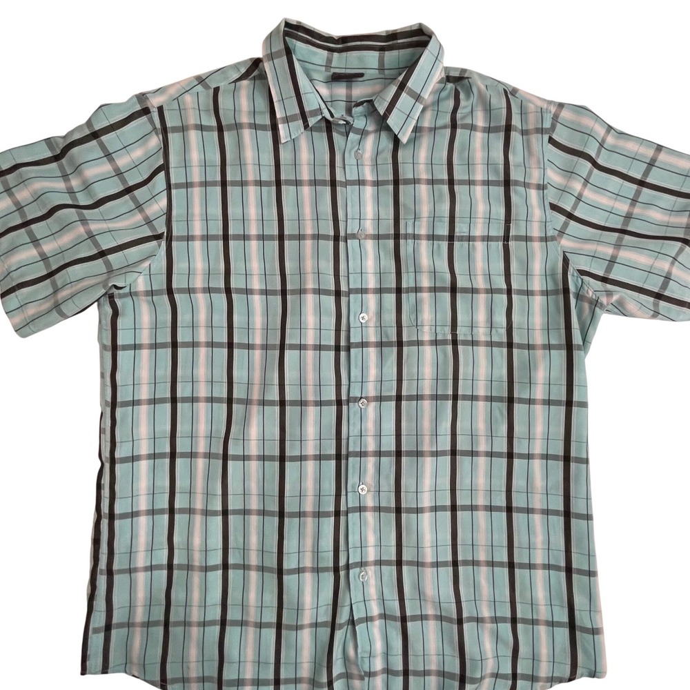 R&R‎ Casual Mens XL Short Sleeve Button Down Shirt Turquoise Blue Plaid Check